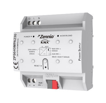 KNX power supply 640mA plus 29VDC ancillary power supply. Vin: 230VAC