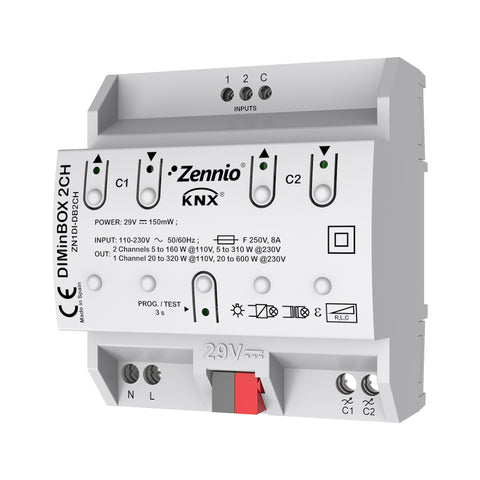 DIMinBOX 2CH. Dimmer universal actuator. 2 channels x 310W or 1 channel x 600W.